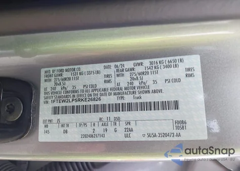 2024 Ford F-150 Stx z USA, uszkodzony, nr VIN 1FTEW2LP5RKE26826